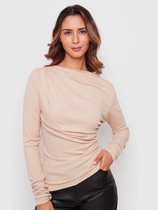 Long Sleeve Draped Neck Top in Light Beige - Picture 1 of 17